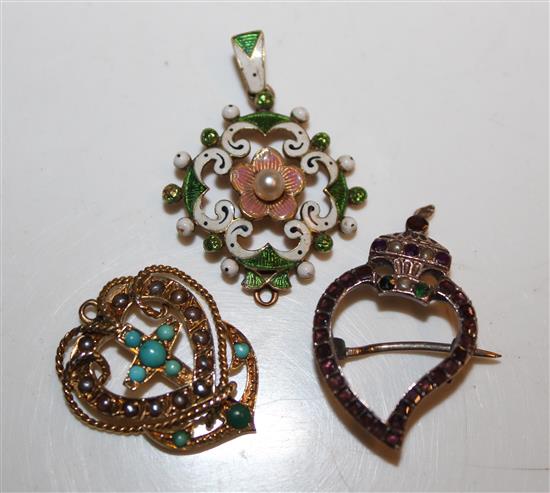 Gold and enamel pendant and 2 other heart shaped pendants